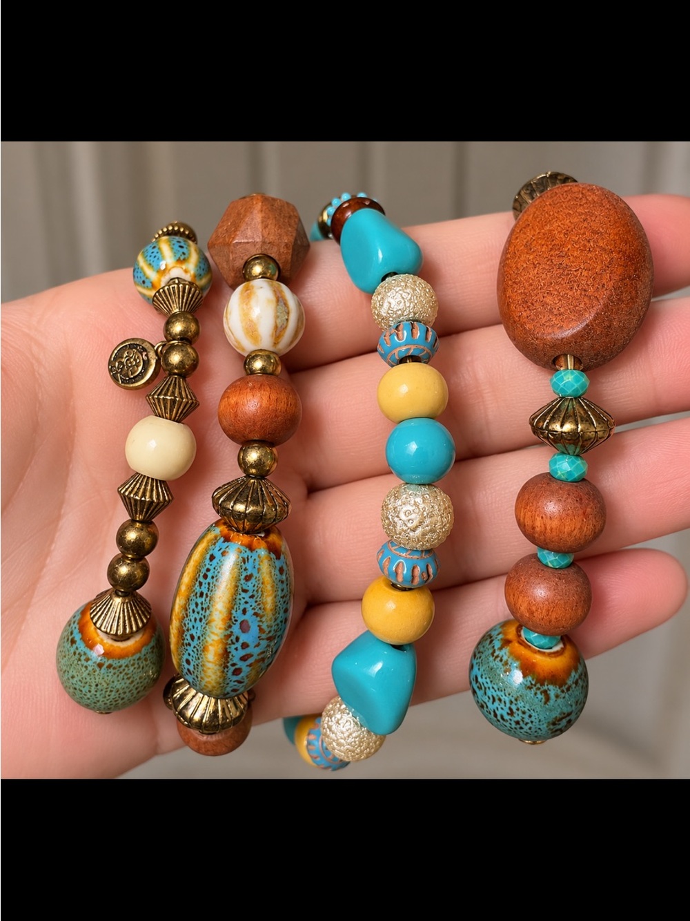 Turquoise & Amber Boho Beaded Stretch Bracelet Set - Women Jewelry
